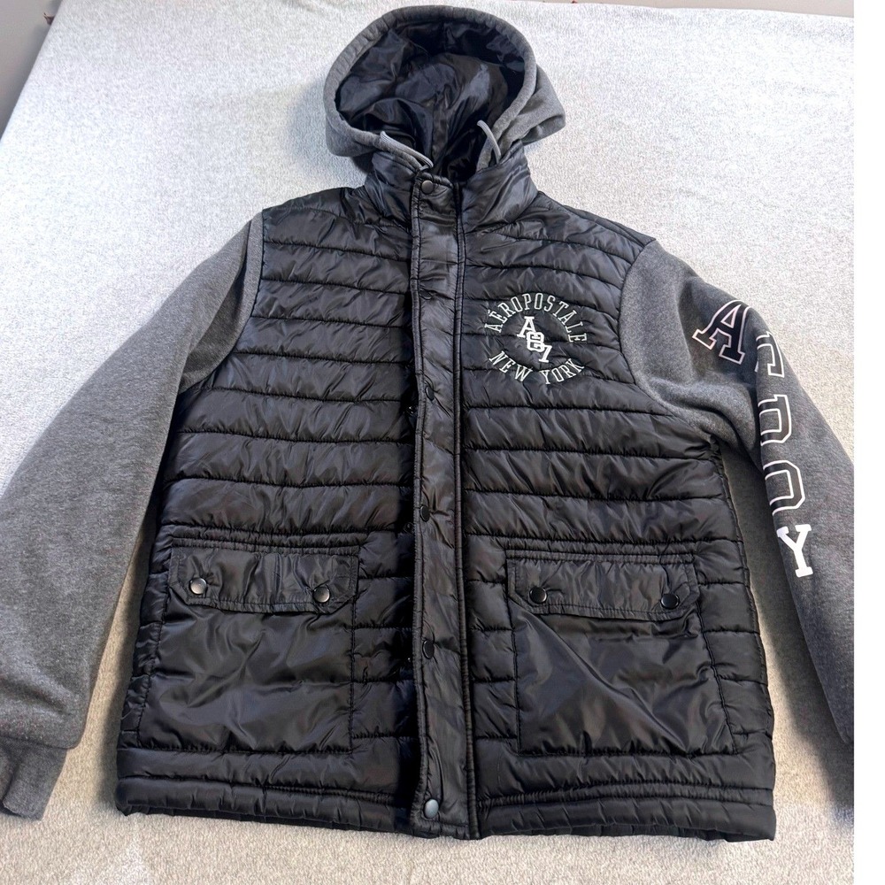 Aeropostale Puffer Jacket Mens L‎ Black Grey Hybrid Hooded Coat Urban Casual